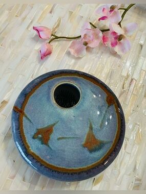 Georgetown Pottery Ikebana Flower Frog Vase: Blues, Lavender & Curry Design